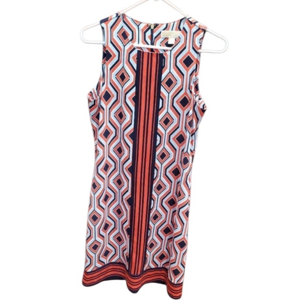 Michael Kors sleeveless geometric print dress with stripe trim. Sz.M